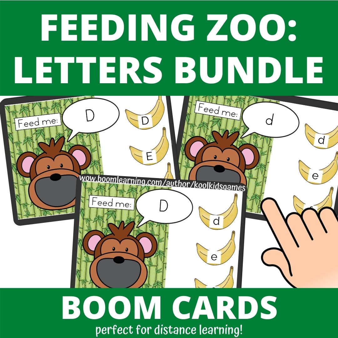 These zoo themed kindergarten activities are the perfect way for your kindergarten students to independently practice their letter recognition skills while playing a fun “feed the monkey” kindergarten BOOM cards deck on their devices. This set of 3 digital literacy activities for kindergarten will see your student match uppercase letters, lowercase letters and capital to lowercase letters.