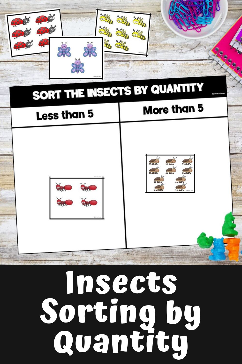 This quick prep insects sort by quantity helps to build counting and sorting skills, as well as giving you a jumping off point to teach subitizing as they develop their math skills. Kindergarten students LOVE bugs and insects, so capture their love of creepy crawlies by creating a bugs thematic unit. They’ll enjoy talking about, reading about, writing about and counting all sorts of insects, and you’ll enjoy watching their engagement and passion throughout the topic.