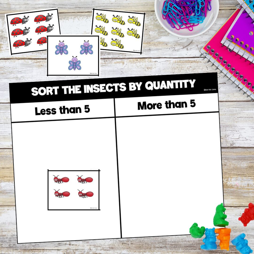 This quick prep insects sort by quantity helps to build counting and sorting skills, as well as giving you a jumping off point to teach subitizing as they develop their math skills. Kindergarten students LOVE bugs and insects, so capture their love of creepy crawlies by creating a bugs thematic unit. They’ll enjoy talking about, reading about, writing about and counting all sorts of insects, and you’ll enjoy watching their engagement and passion throughout the topic.