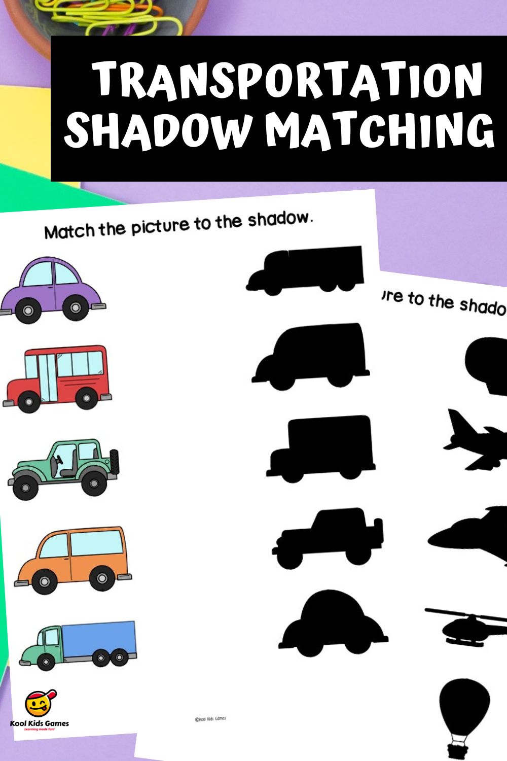 Besides using this Vehicles Shadow Matching Game in the traditional way, you can also use it to make memory cards, play partner games and more! You can also talk about all the different types of transportation included in this printable shadow matching worksheet. This free shadow match printable is the perfect addition to your transportation thematic unit!