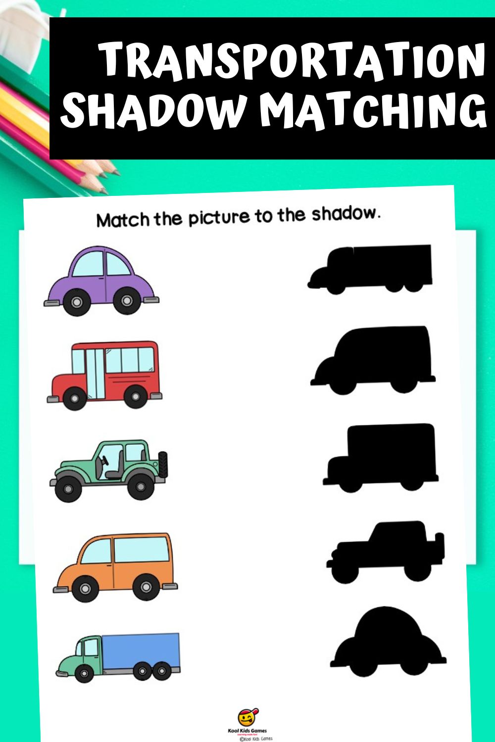 Besides using this Vehicles Shadow Matching Game in the traditional way, you can also use it to make memory cards, play partner games and more! You can also talk about all the different types of transportation included in this printable shadow matching worksheet. This free shadow match printable is the perfect addition to your transportation thematic unit!