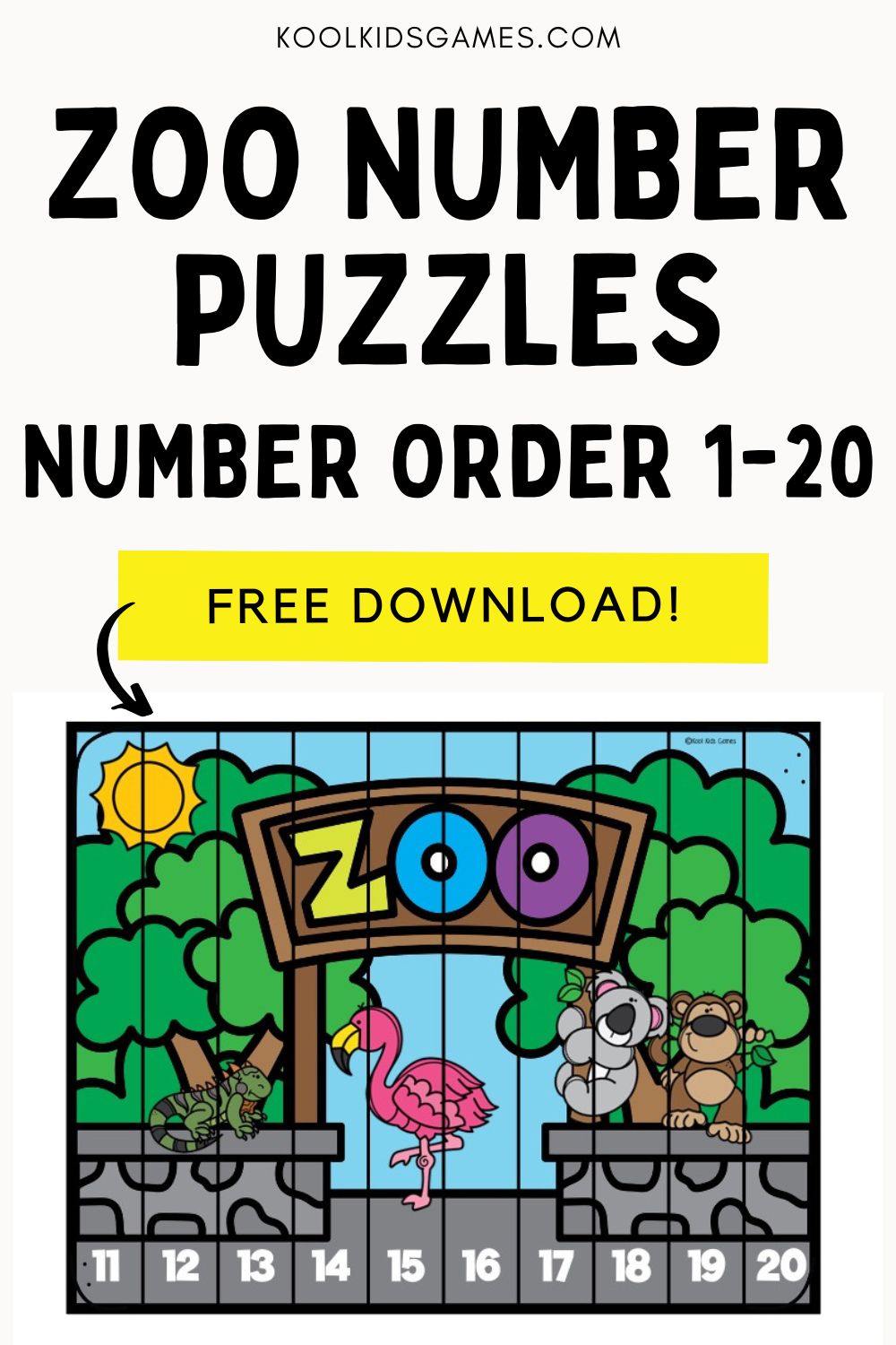 This zoo animals number strip puzzle is easy to set up as part of your zoo thematic unit. The 2 printable zoo number puzzles included will help your students master being able to write the cardinal numbers 1-20 in magnitude order. SImply print the number order puzzle you wish to use, cut them up and put the strips back together again using either the picture as a clue or using the numerals at the bottom.