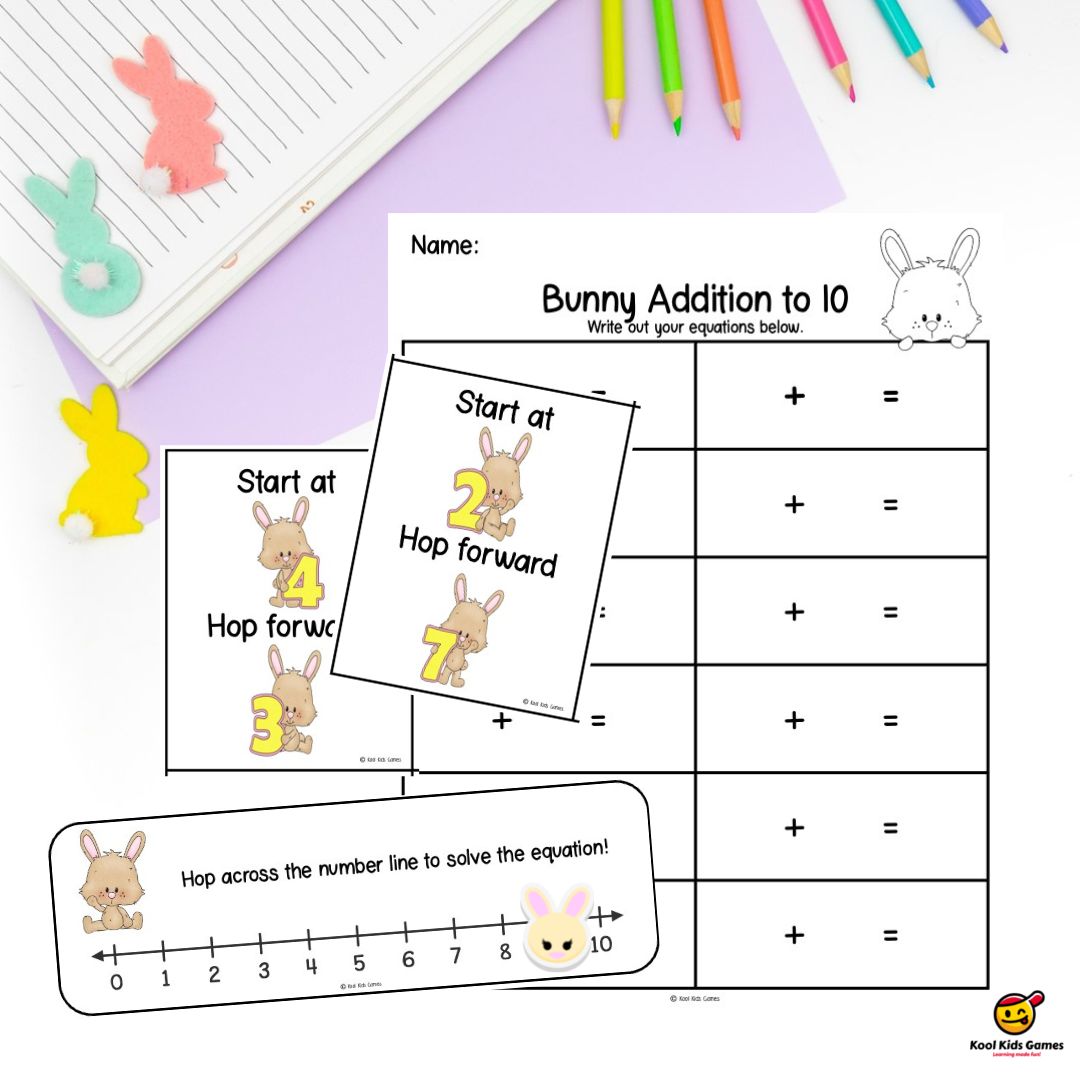 Easter is a great time to teach kindergarten: chocolate, eggs and bunnies are everywhere! Take advantage of the season with this fun, no prep bunny addition to 10 game to help your students practice number line addition and talk about Easter at the same time.