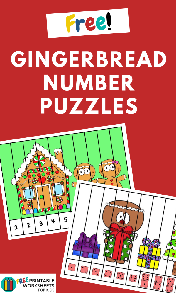 Set of 3 differentiated gingerbread-themed number puzzles including one with dice representation.