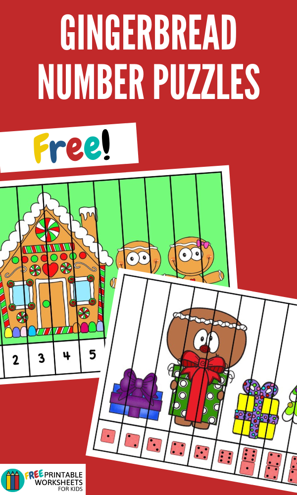 Set of 3 differentiated gingerbread-themed number puzzles including one with dice representation.