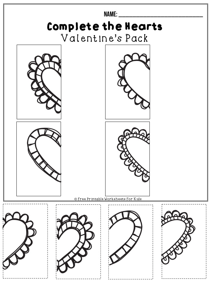 50 pages of free Valentine's themed printable worksheets for kids. Includes a variety of literacy, math and fine motor activities.