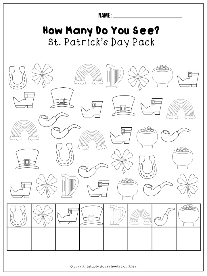 50 pages of free St Patrick’s Day themed printable worksheets for kids. Includes a variety of literacy, math and fine motor activities.