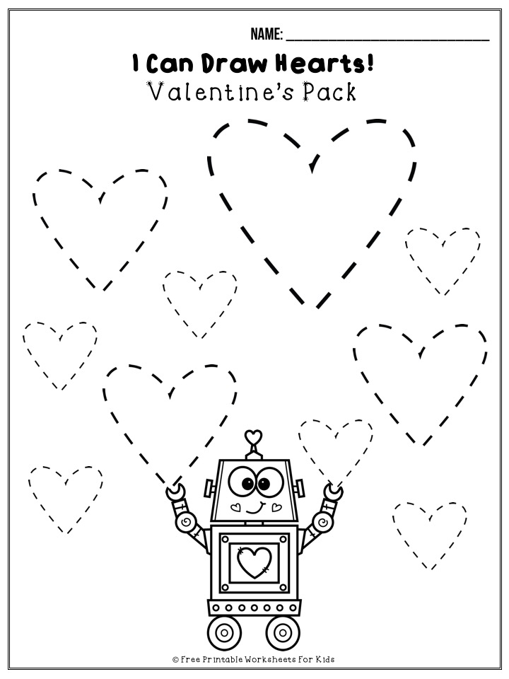 50 pages of free Valentine's themed printable worksheets for kids. Includes a variety of literacy, math and fine motor activities.