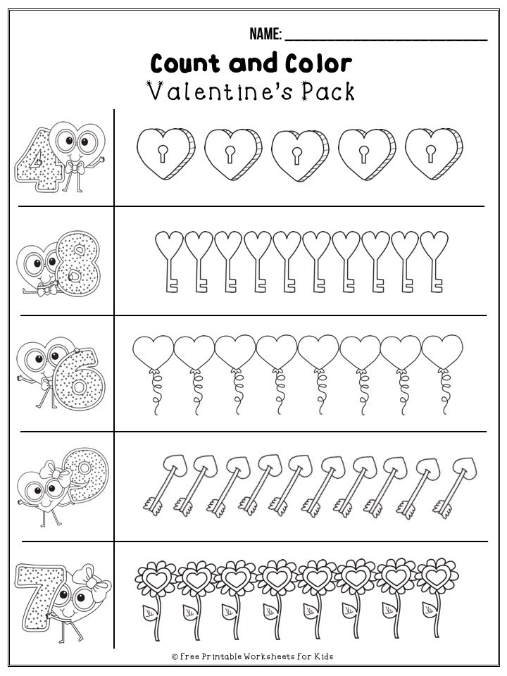 50 pages of free Valentine's themed printable worksheets for kids. Includes a variety of literacy, math and fine motor activities.