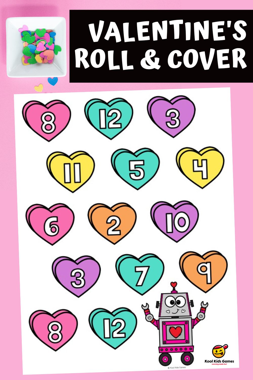 Valentine's Roll and Cover Numbers is the perfect free Valentines day math activity for kindergarten! They will learn number sense and number recognition at the same time! Add this to your collection of dice games for kindergarten today!