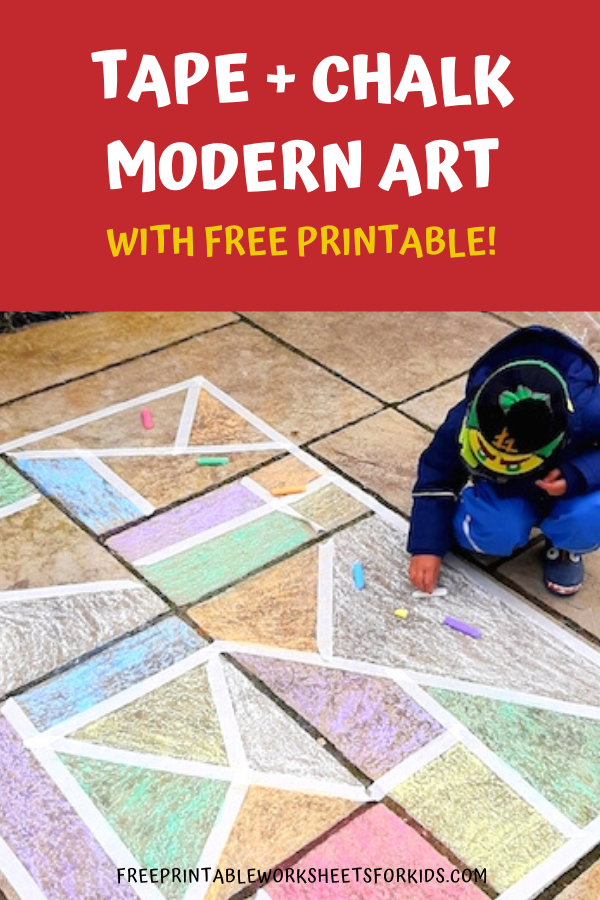 My preschooler loved doing this super simple tape and chalk art activity outdoors but if you don't have a garden, you can download the printable I made for you! This colorful fine motor art activity is fail-proof and looks beautiful!