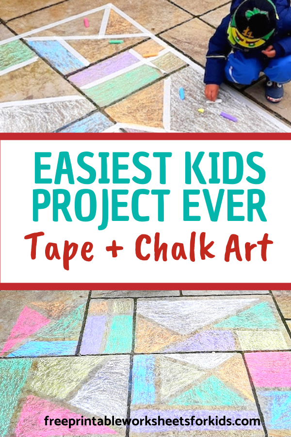 My preschooler loved doing this super simple tape and chalk art activity outdoors but if you don't have a garden, you can download the printable I made for you! This colorful fine motor art activity is fail-proof and looks beautiful!