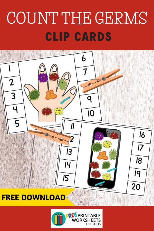 Make handwashing and hygiene fun and top of mind for kids with this fun set of counting clip cards. There are pictures of hands and also everyday objects that children can use to count up to 20.