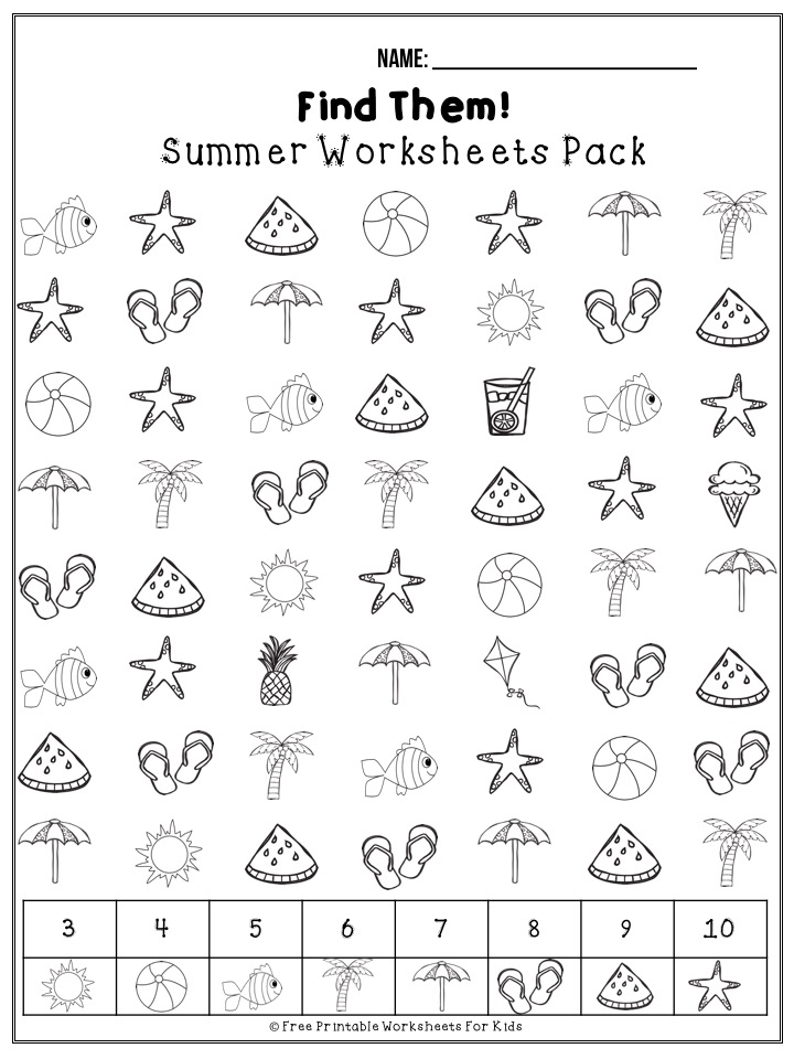 50 free pages of summer-themed fun worksheets for preschoolers and kindergarteners to work on their literacy, math and fine motor skills. Keep your kids busy during the summer holidays.