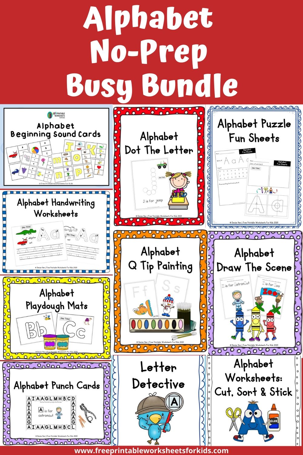 600+ pages of alphabet activities including playdough mats, handwriting practice, latter recognition, letter case sorting, do-a-dot, q tip painting, drawing, punch cards, beginning sound clip cards, etc. Teach your preschooler the letters and their sounds with this fun pack.