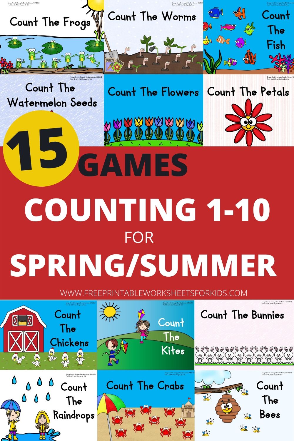 Fun Counting Printables for Preschool and Kindergarten | Spring and Summer Themed Games | Hands On Math Homeschool Activities | Kids Classroom Center Ideas and Worksheets #FreePrintableWorksheetsForKids #spring #summer #animals #flowers #clipcards #counting #weather #ocean