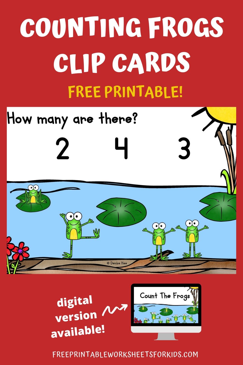 Kids will have a hopping good time playing with this adorable set of counting clip cards. Practice math while working on fine motor strength as your child counts how many frogs are by the pond.