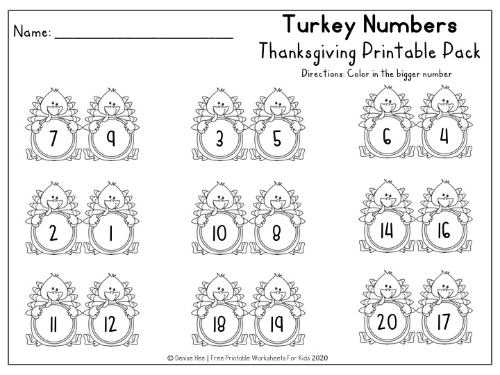 Fun Thanksgiving Printables for Preschool and Kindergarten | Turkey Themed Number Games | Hands On Literacy Homeschool Activities | Kids Classroom Center Ideas and Worksheets #FreePrintableWorksheetsForKids #thanksgiving #november #packet #turkey #pilgrim