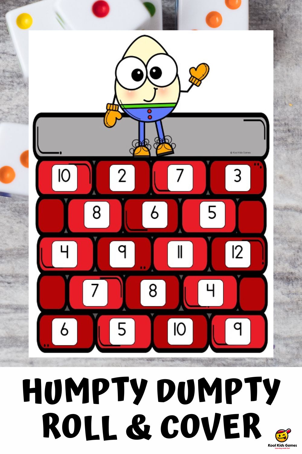 This nursery rhyme math activity is a great resource for helping students develop number recognition in preschool as well as giving you an opportunity to talk about and rehearse the story of poor old Humpty Dumpty. Simply roll the dice and cover the matching number until all numbers have been covered!