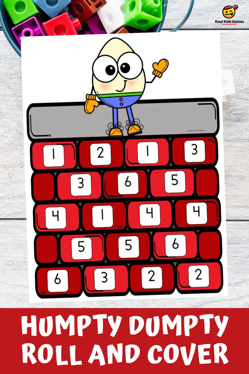 This nursery rhyme math activity is a great resource for helping students develop number recognition in preschool as well as giving you an opportunity to talk about and rehearse the story of poor old Humpty Dumpty. Simply roll the dice and cover the matching number until all numbers have been covered!