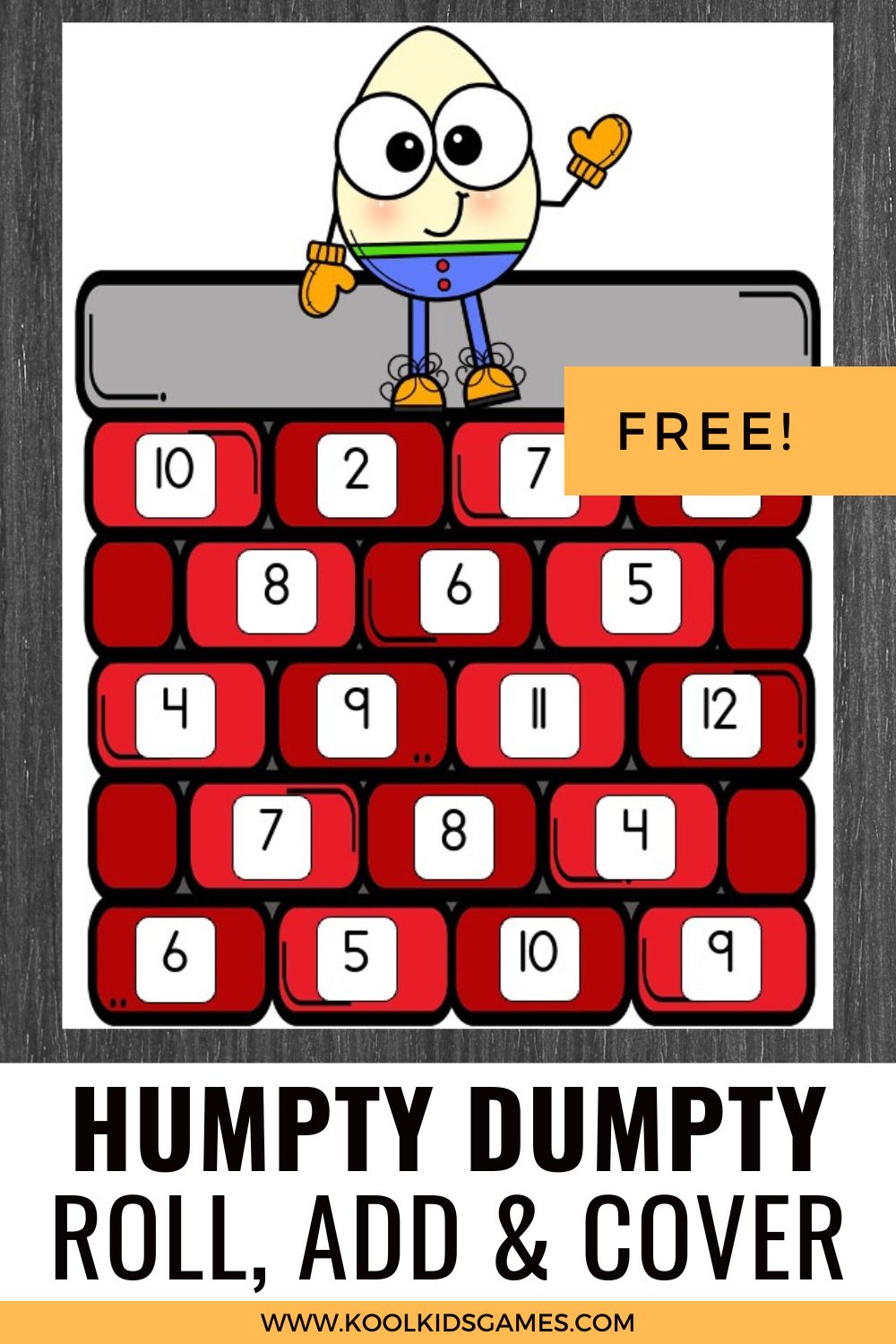 This nursery rhyme math activity is a great resource for helping students develop number recognition in preschool as well as giving you an opportunity to talk about and rehearse the story of poor old Humpty Dumpty. Simply roll the dice and cover the matching number until all numbers have been covered!