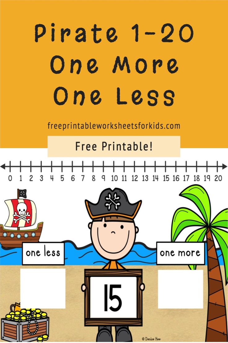 In this kindergarten pirate theme math center, students will use the number line to 20 to figure out one more and one less of the number shown. This free printable will help your students with both number order and number writing. It's perfect for some counting practice this summer!