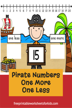 In this kindergarten pirate theme math center, students will use the number line to 20 to figure out one more and one less of the number shown. This free printable will help your students with both number order and number writing. It's perfect for some counting practice this summer!