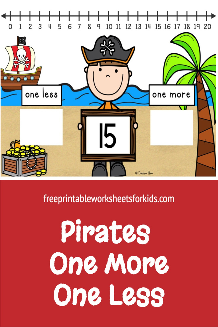 In this kindergarten pirate theme math center, students will use the number line to 20 to figure out one more and one less of the number shown. This free printable will help your students with both number order and number writing. It's perfect for some counting practice this summer!