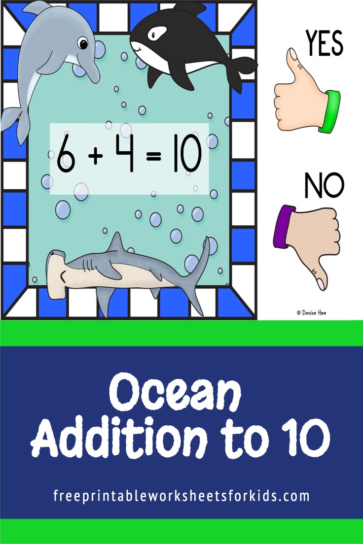 Students will love this new ocean theme activity. Use this printable kindergarten math center to practice addition to 10. These ocean theme task cards require just a thumbs up or down response and are perfect for summer!