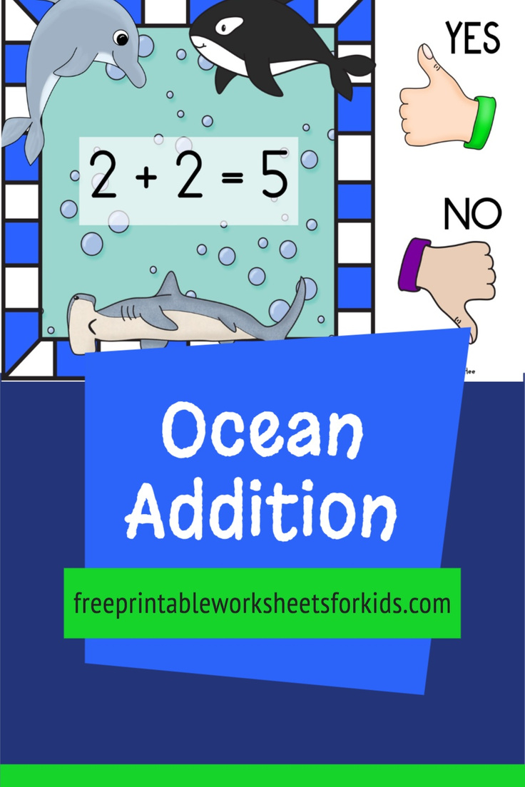 Students will love this new ocean theme activity. Use this printable kindergarten math center to practice addition to 10. These ocean theme task cards require just a thumbs up or down response and are perfect for summer!