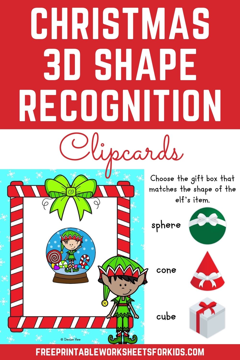 This free Christmas printable is filled with enough elves, presents and snow to keep kindergarteners practicing their 3D shape recognition all December long. This kindergarten 3d shape printable comes ready to print with clear pictures of real life 3D objects and their corresponding 3D shape names.