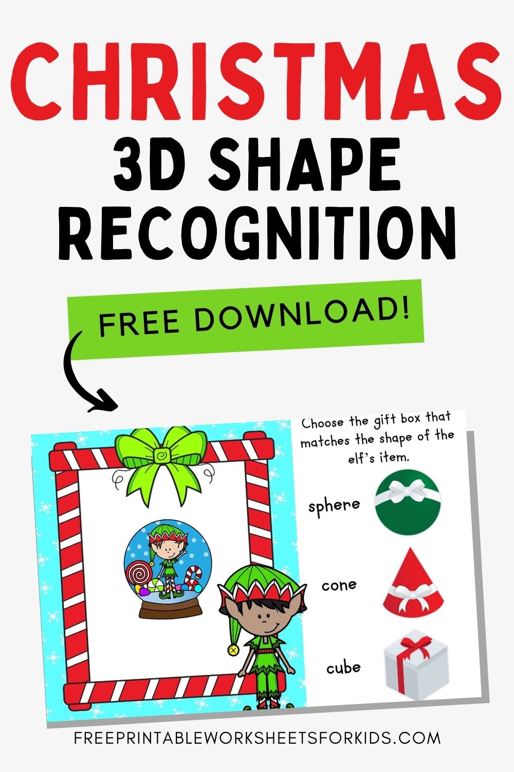 This free Christmas printable is filled with enough elves, presents and snow to keep kindergarteners practicing their 3D shape recognition all December long. This kindergarten 3d shape printable comes ready to print with clear pictures of real life 3D objects and their corresponding 3D shape names.