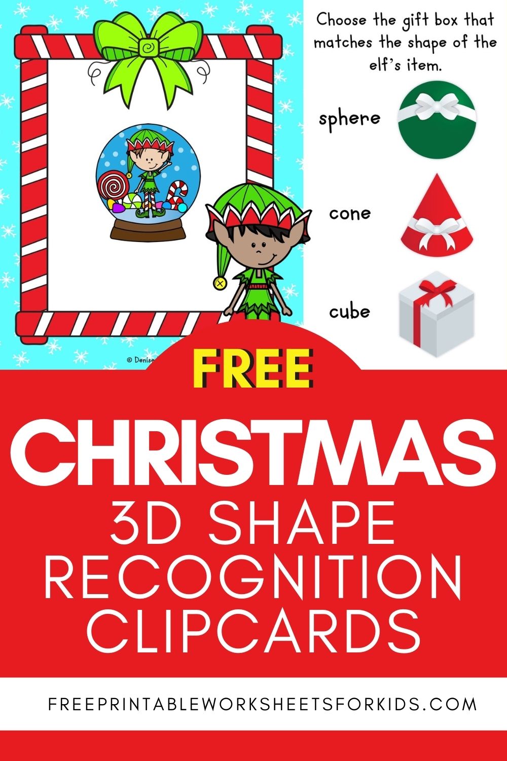 This free Christmas printable is filled with enough elves, presents and snow to keep kindergarteners practicing their 3D shape recognition all December long. This kindergarten 3d shape printable comes ready to print with clear pictures of real life 3D objects and their corresponding 3D shape names.