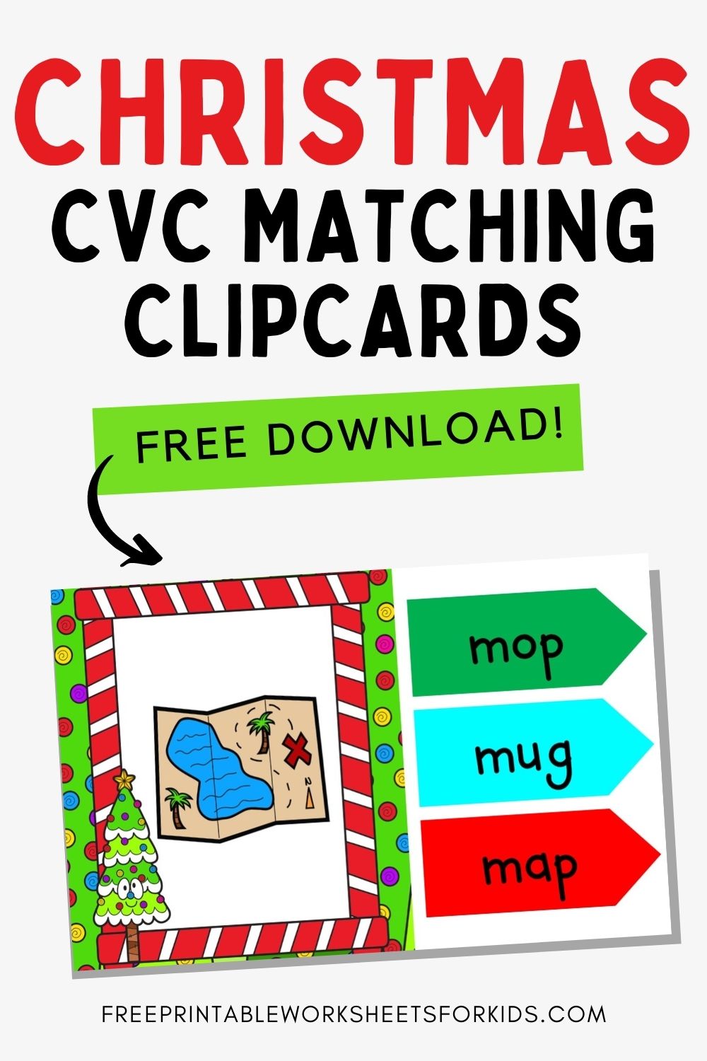 This fun Christmas printable activity can be used as a simple yet effective early reading center. In this free CVC printable activity students look at each of the pictures and find a match from the three words listed by the side. These Christmas CVC words activity comes ready to print and play!