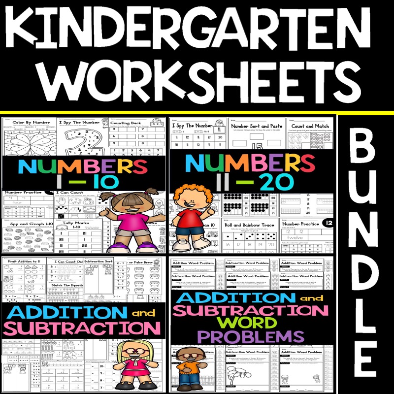 kindergarten math worksheets bundle working on addition, subtraction, counting, number recognition and many more early skills.