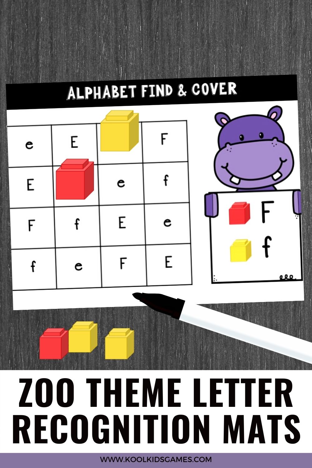 These fun printable alphabet games make for an excellent no-prep zoo theme literacy center. Each page has both uppercase and lowercase letters and a cute hippo who needs help to find the letter using a unifix cube.