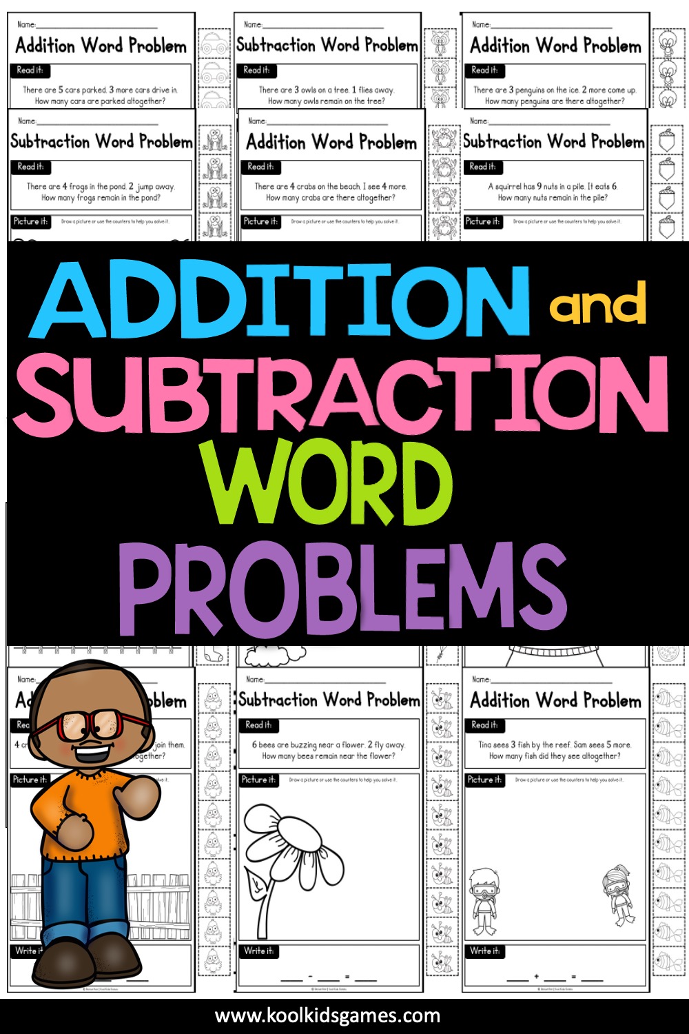 Using stories is an excellent way of introducing mathematical word problems for kindergarten, as they help students make sense of why anyone would care how many kites or flowers there are. These addition and subtraction worksheets for kindergarten are a great year round resource and the sheer variety of problems within 10 means there’s lots of opportunity to practice.