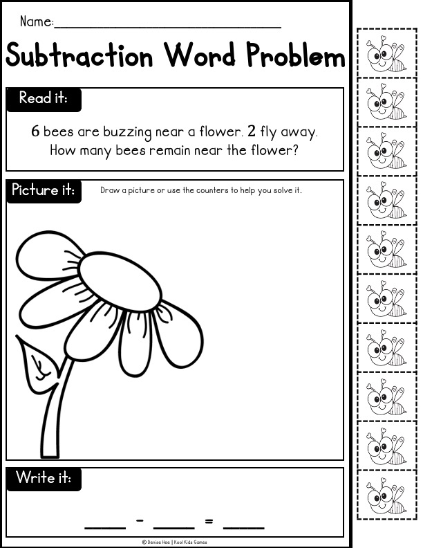 Using stories is an excellent way of introducing mathematical word problems for kindergarten, as they help students make sense of why anyone would care how many kites or flowers there are. These addition and subtraction worksheets for kindergarten are a great year round resource and the sheer variety of problems within 10 means there’s lots of opportunity to practice.