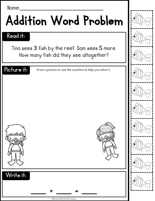 Using stories is an excellent way of introducing mathematical word problems for kindergarten, as they help students make sense of why anyone would care how many kites or flowers there are. These addition and subtraction worksheets for kindergarten are a great year round resource and the sheer variety of problems within 10 means there’s lots of opportunity to practice. 