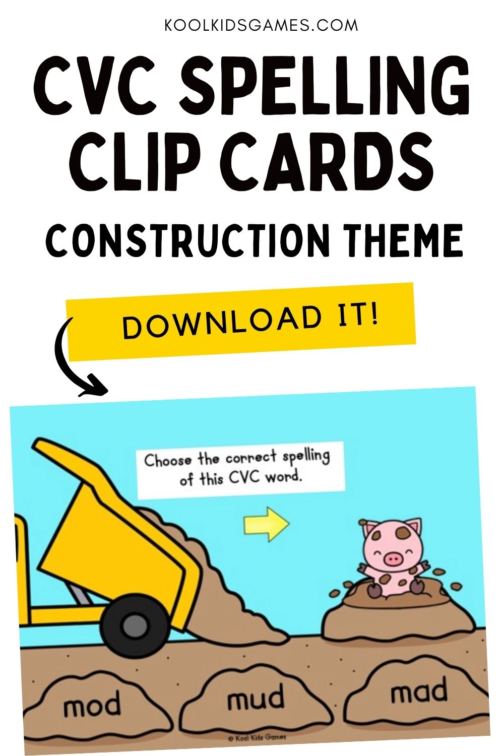 If you can integrate construction vehicles into your kindergarten phonics activities, you’ll find a greater level of engagement with your students, and this simple construction CVC spelling game will have your students building their word power in no time! These fun clip cards have CVC words with pictures to help students master the link between commonly known words and how they are written, as well as practice blending sounds.