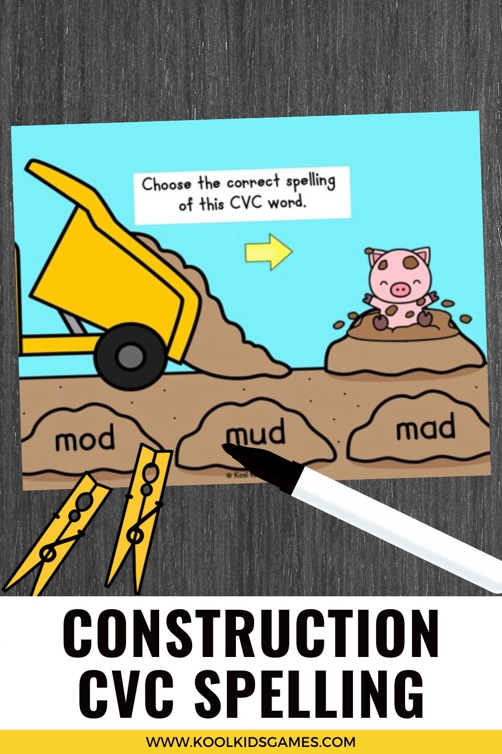 If you can integrate construction vehicles into your kindergarten phonics activities, you’ll find a greater level of engagement with your students, and this simple construction CVC spelling game will have your students building their word power in no time! These fun clip cards have CVC words with pictures to help students master the link between commonly known words and how they are written, as well as practice blending sounds.