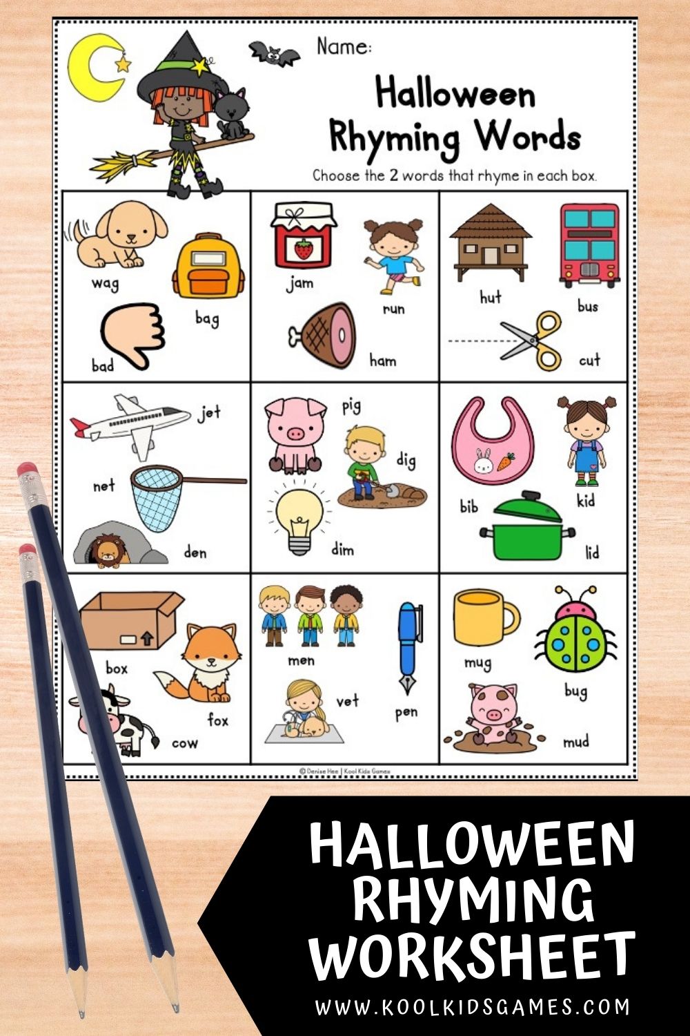 High quality Halloween kindergarten worksheets like this rhyming words worksheet are perfect for October literacy centers! Your students will need to read the CVC words with pictures as clues and find the 2 words that sound alike in this kindergarten rhyming activities.