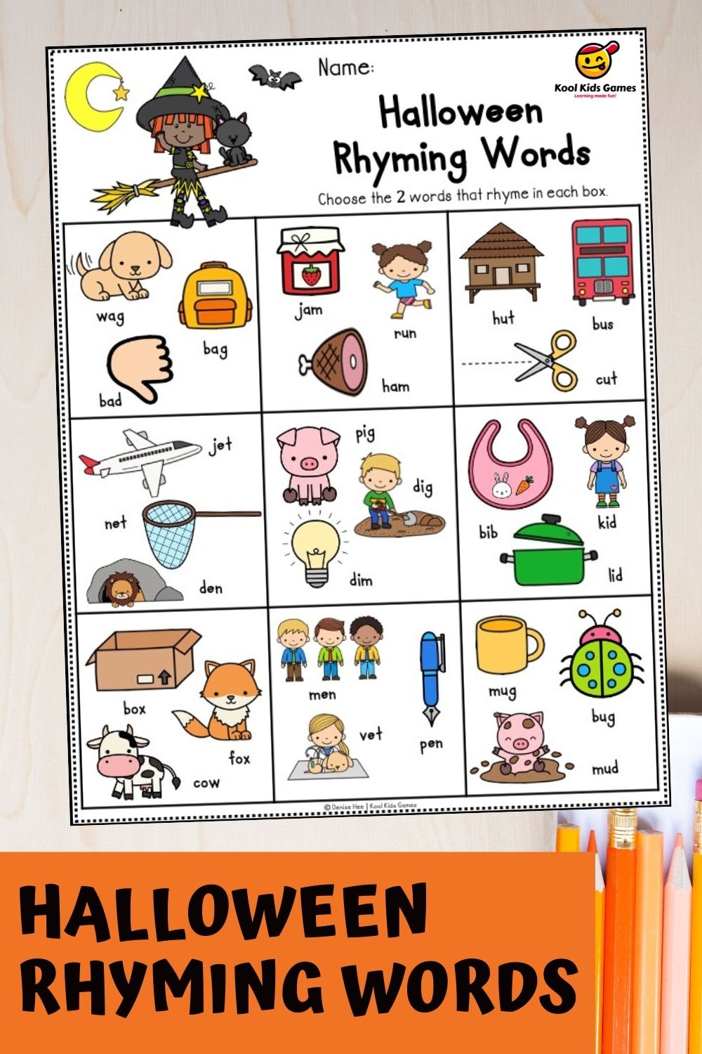 High quality Halloween kindergarten worksheets like this rhyming words worksheet are perfect for October literacy centers! Your students will need to read the CVC words with pictures as clues and find the 2 words that sound alike in this kindergarten rhyming activities.