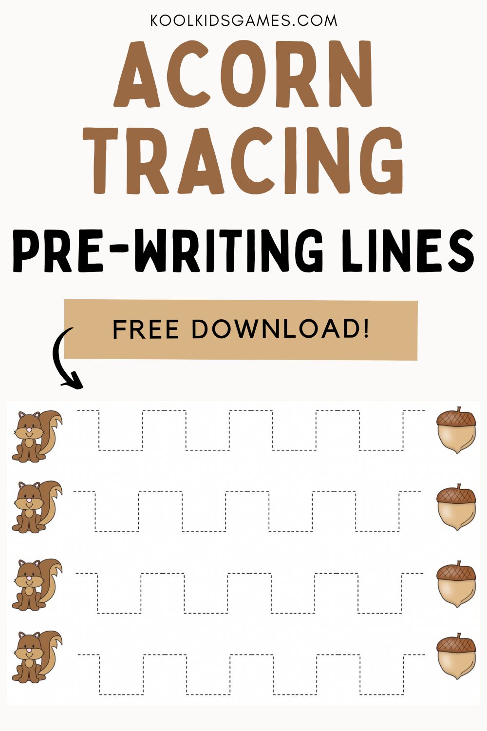 These acorn tracing lines activities are a great pre-writing activity for preschool as they help students practice different connected movements that will be essential to have when they start writing letters and numbers. This fall themed tracing activity helps your students practice pre-writing skills by having them draw a continuous line from the squirrel to the acorn.