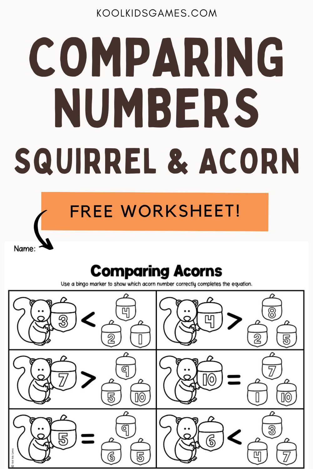 Teaching number comparison? Help your students master the greater than and lesser than symbols with this acorn comparing numbers worksheet! Grab this fall theme numbers activity for free today! 