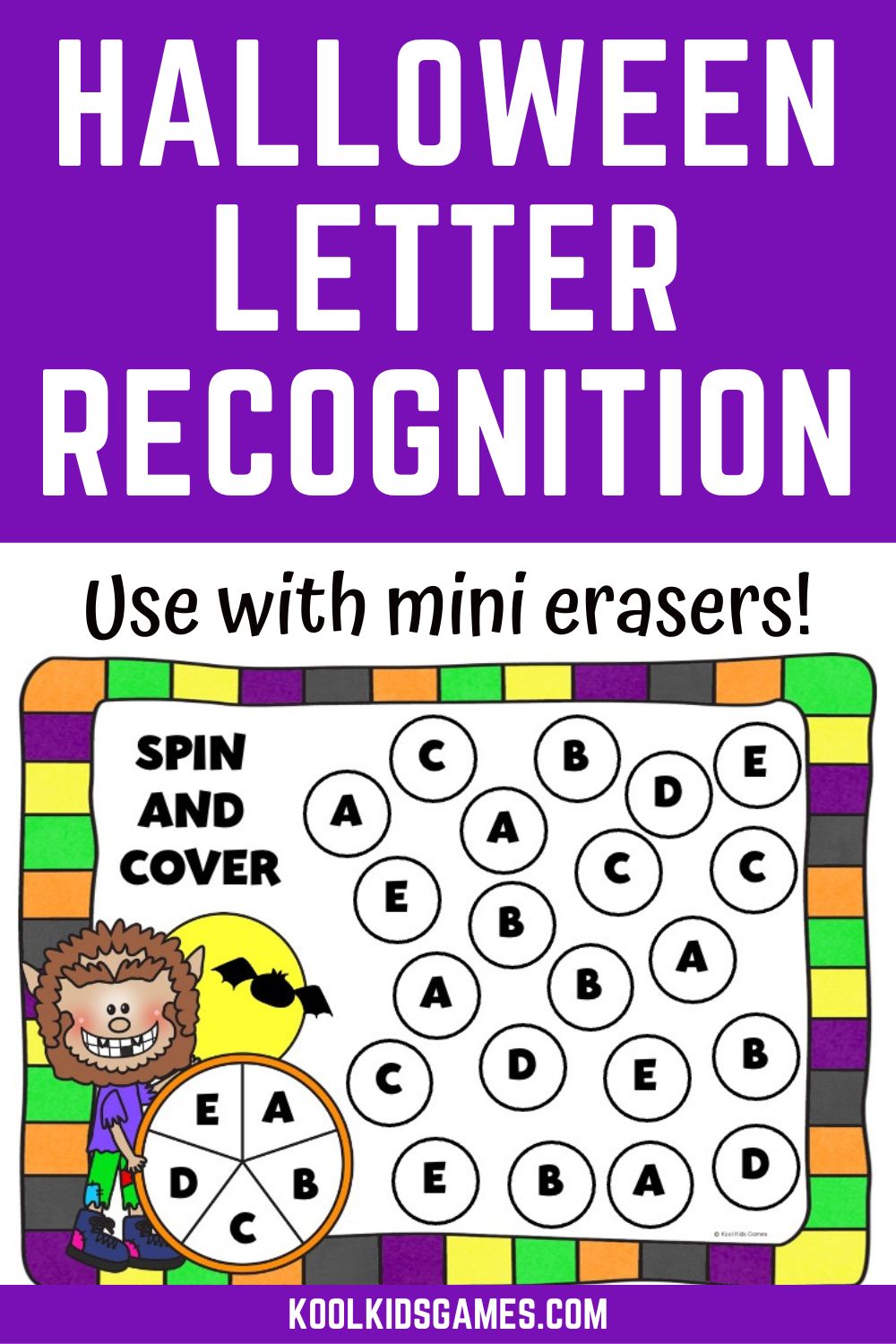 Give all of your activities a spooky twist with our free printable Halloween activities for kindergarten like this Werewolf Spin and Cover Letters. Your students will be howling for more capital letter recognition games in no time! Laminate this Halloween letter game and you’ll be able to use it for years to come!