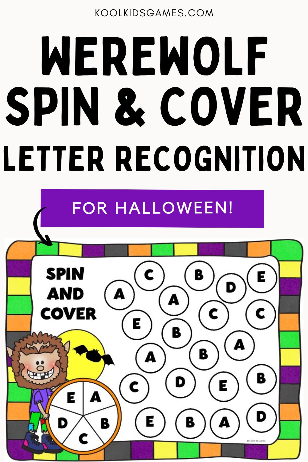 Give all of your activities a spooky twist with our free printable Halloween activities for kindergarten like this Werewolf Spin and Cover Letters. Your students will be howling for more capital letter recognition games in no time! Laminate this Halloween letter game and you’ll be able to use it for years to come!