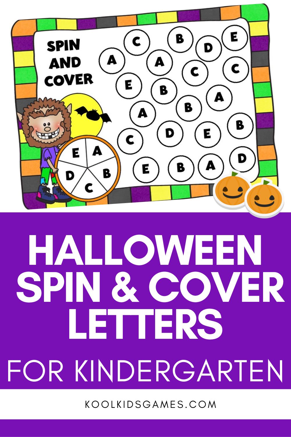 Give all of your activities a spooky twist with our free printable Halloween activities for kindergarten like this Werewolf Spin and Cover Letters. Your students will be howling for more capital letter recognition games in no time! Laminate this Halloween letter game and you’ll be able to use it for years to come! 