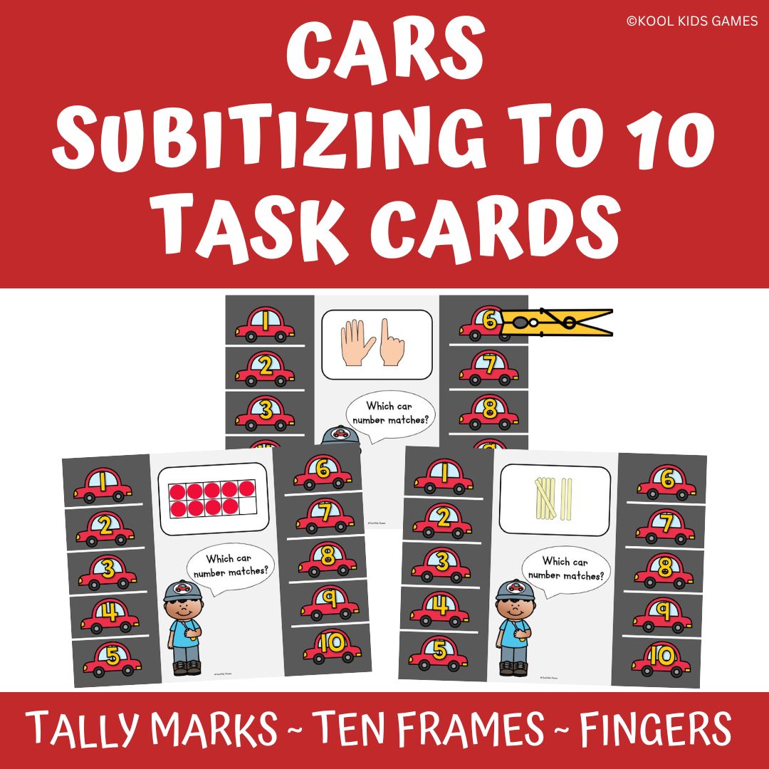 This Cars Subitizing to 10 packet will help students practice tally marks counting 1-10, matching ten frames to numbers and match finger counting 1-10 to number. These printable subitizing games all follow the same format so it's easy for your students to master.