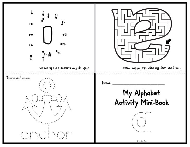 In these foldable alphabet activity mini-books, you get four independent letter recognition and formation practice activities - coloring the letter, tracing letters a-z, dot to dot alphabet letters and printable letter shaped mazes. These could be completed over the course of each week as you teach each letter, or completed on the final day as a way of bringing together everything that the student has learned about the uppercase and lowercase versions of each letter.